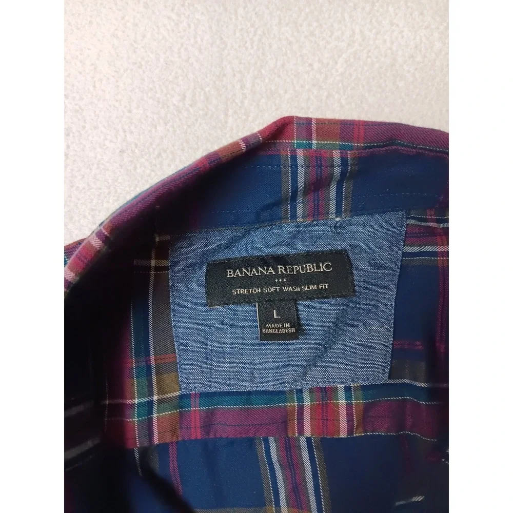 Banana Republic Mens Slim Fit Stretch Soft Wash Plaid Button Down Shirt Navy L
